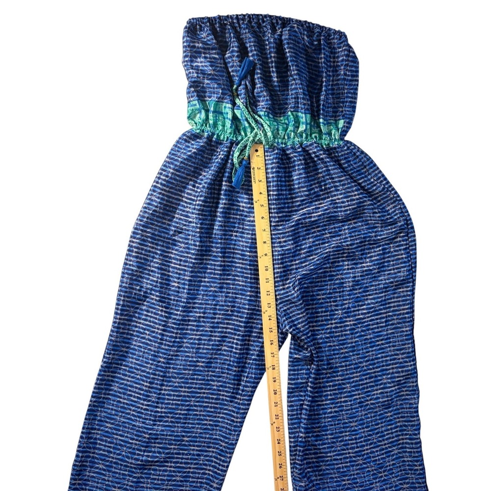 ETC Strapless Paisley Jumpsuit One Size Blue Aqua Wide Leg Tassel Waist - Picture 9 of 11